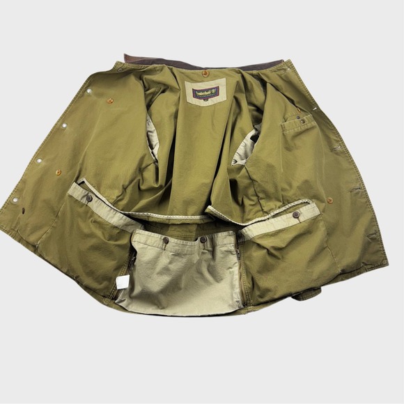 Vtg 90's Men's XL Timberland olive green canvas jacket leather trim bushcraft - Picture 3 of 11